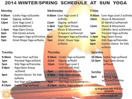 2014 WINTER/SPRING SCHEDULE AT SUN YOGA