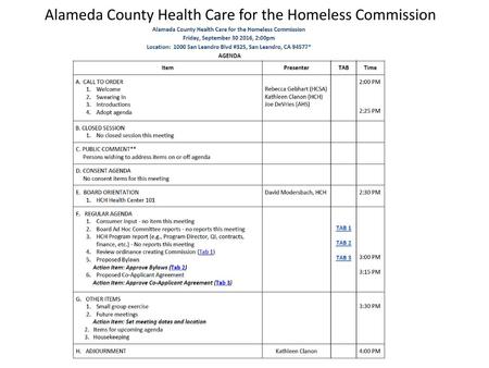 Alameda County Health Care for the Homeless Commission