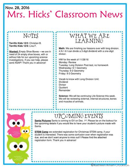 Mrs. Hicks’ Classroom News