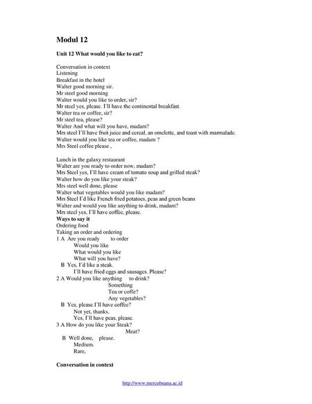 Modul 12 Unit 12 What would you like to eat? Conversation in context