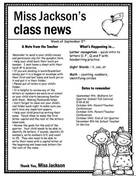 class news Miss Jackson’s A Note from the Teacher