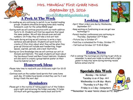 A Peek At The Week -In reading we are continuing to switch to our leveled reading groups. Students should be bringing home daily reading homework. Look.