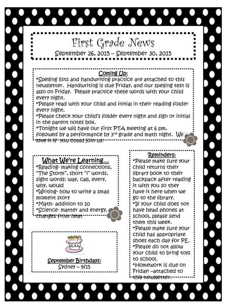 First Grade News September 26, 2015 – September 30, 2015