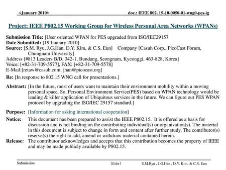 Project: IEEE P802.15 Working Group for Wireless Personal Area Networks (WPANs) Submission Title: [User oriented WPAN for PES upgraded from ISO/IEC29157.