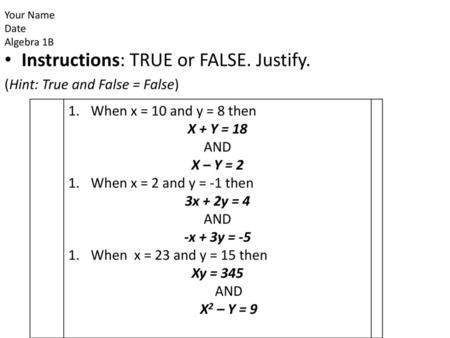 Your Name Date Algebra 1B