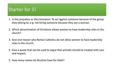 Starter for 5! Is this prejudice or discrimination: To act against someone because of the group they belong to, e.g. not hiring someone because they are.