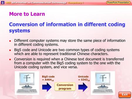 Conversion of information in different coding systems