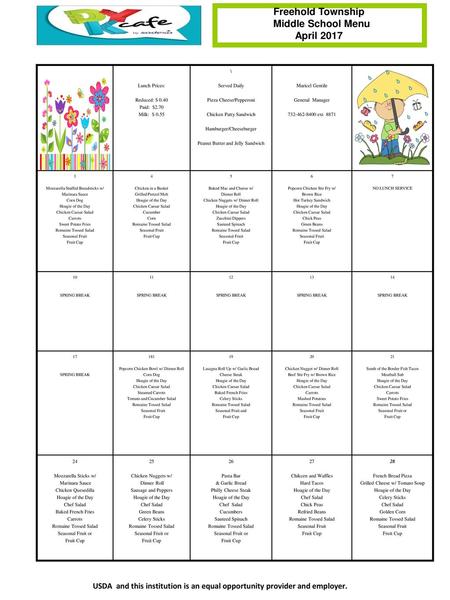 Freehold Township Middle School Menu April 2017