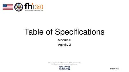 Table of Specifications