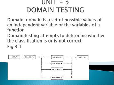 UNIT – 3 DOMAIN TESTING Domain: domain is a set of possible values of an independent variable or the variables of a function Domain testing attempts.