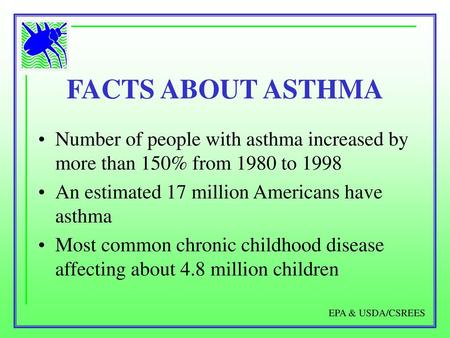 FACTS ABOUT ASTHMA Number of people with asthma increased by more than 150% from 1980 to 1998 An estimated 17 million Americans have asthma Most common.