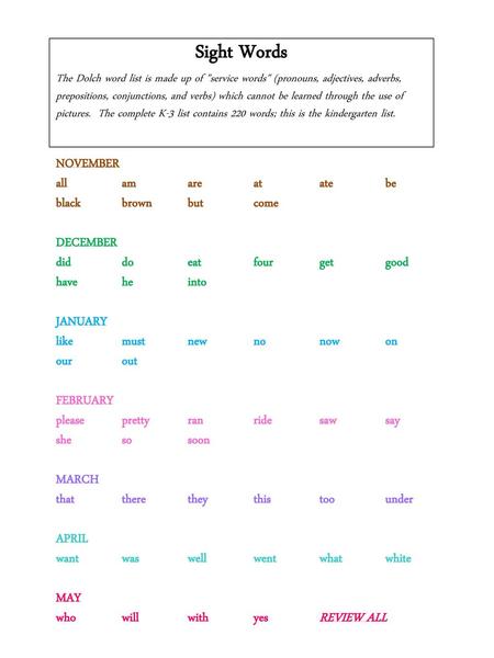 Sight Words NOVEMBER all am are at ate be black brown but come