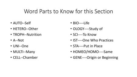 Word Parts to Know for this Section