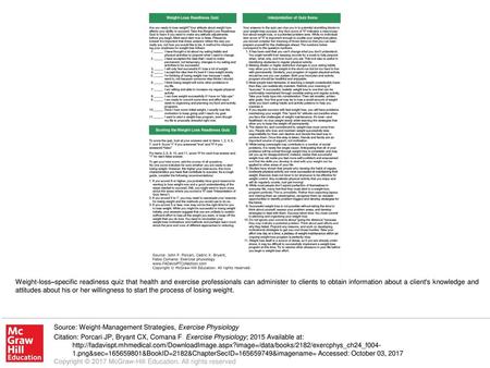 Weight-loss–specific readiness quiz that health and exercise professionals can administer to clients to obtain information about a client's knowledge and.