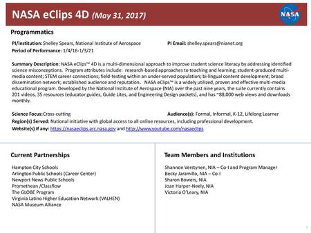 NASA eClips 4D (May 31, 2017) Programmatics