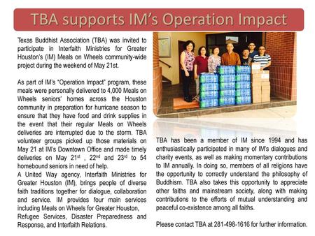 TBA supports IM’s Operation Impact