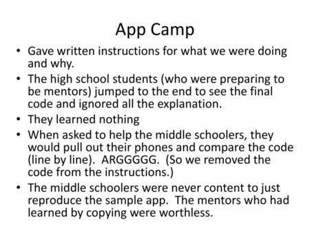 App Camp Gave written instructions for what we were doing and why.