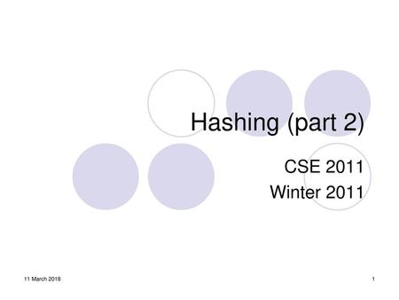 Hashing (part 2) CSE 2011 Winter 2011 11 March 2018.