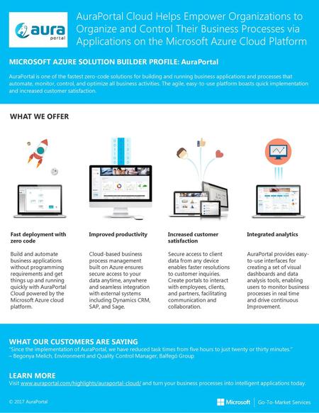 AuraPortal Cloud Helps Empower Organizations to Organize and Control Their Business Processes via Applications on the Microsoft Azure Cloud Platform MICROSOFT.