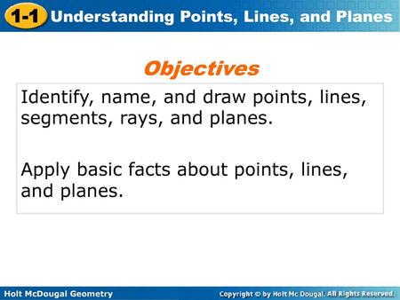 Objectives Identify, name, and draw points, lines, segments, rays, and planes. Apply basic facts about points, lines, and planes.