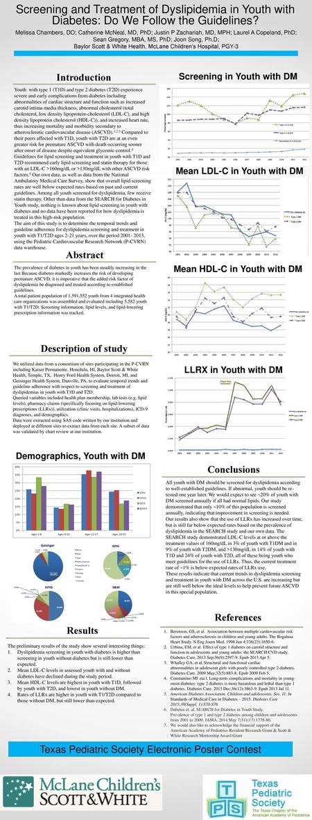 Screening and Treatment of Dyslipidemia in Youth with Diabetes: Do We Follow the Guidelines? Melissa Chambers, DO; Catherine McNeal, MD, PhD; Justin P.