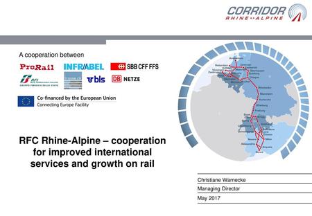 A cooperation between RFC Rhine-Alpine – cooperation for improved international services and growth on rail Christiane Warnecke Managing Director May 2017.