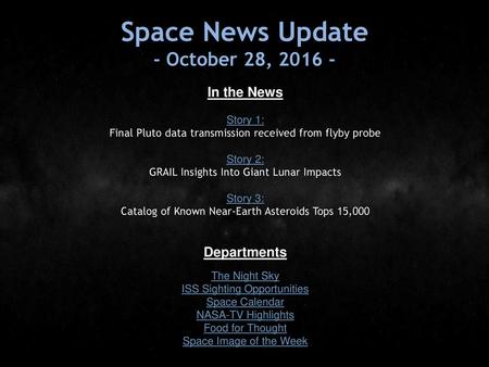 Space News Update - October 28, In the News Departments