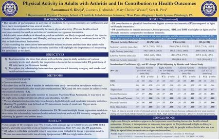 Physical Activity in Adults with Arthritis and Its Contribution to Health Outcomes Samannaaz S. Khoja1, Gustavo J. Almeida1, Mary Chester Wasko2, Sara.