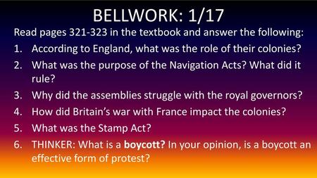 BELLWORK: 1/17 Read pages in the textbook and answer the following: