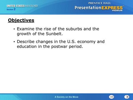 Objectives Examine the rise of the suburbs and the growth of the Sunbelt. Describe changes in the U.S. economy and education in the postwar period.