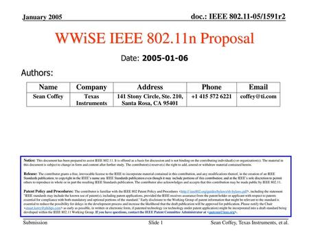 WWiSE IEEE n Proposal Authors: Date: