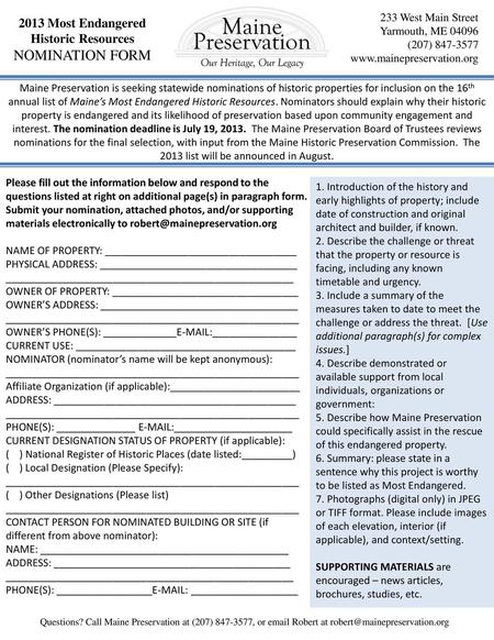 NOMINATION FORM 2013 Most Endangered Historic Resources