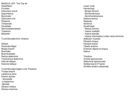 MUSCLE LIST- The Top 42 Head/Neck:						Lower Limb: Frontalis						Hamstrings: