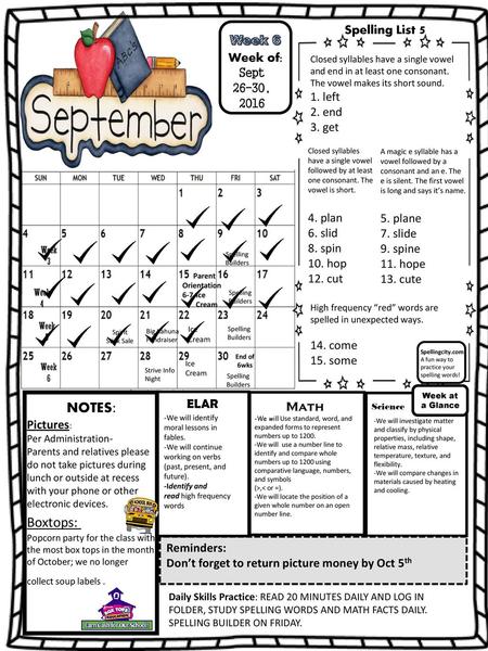 NOTES: Boxtops: Spelling List 5 Week 6 Week of: 1. left 2. end 3. get