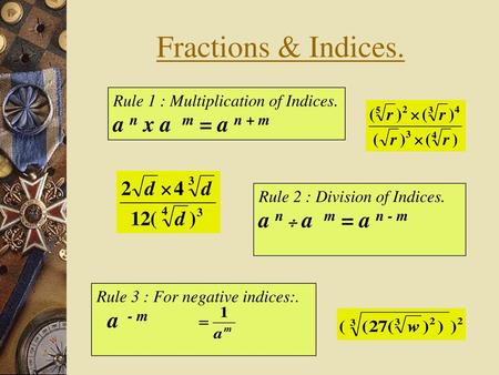 Fractions & Indices. a n x a m = a n + m a n  a m = a n - m a - m