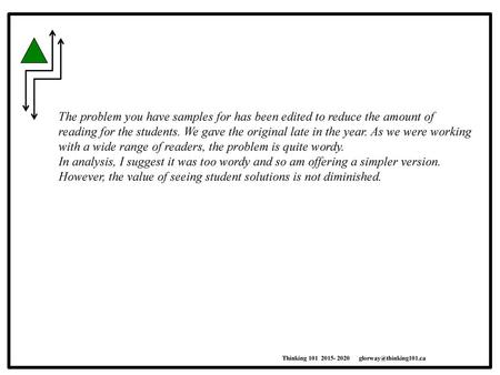 The problem you have samples for has been edited to reduce the amount of reading for the students. We gave the original late in the year. As we were working.