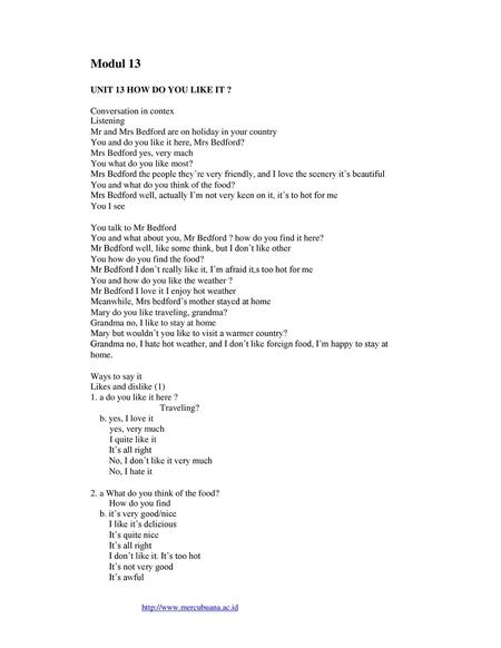 Modul 13 UNIT 13 HOW DO YOU LIKE IT ? Conversation in contex Listening