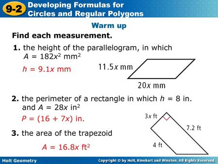 Warm up Find each measurement.