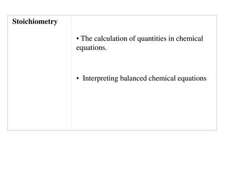 Stoichiometry The calculation of quantities in chemical equations.