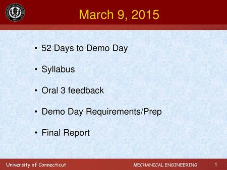 March 9, Days to Demo Day Syllabus Oral 3 feedback