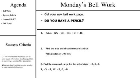 Monday’s Bell Work Agenda Success Criteria