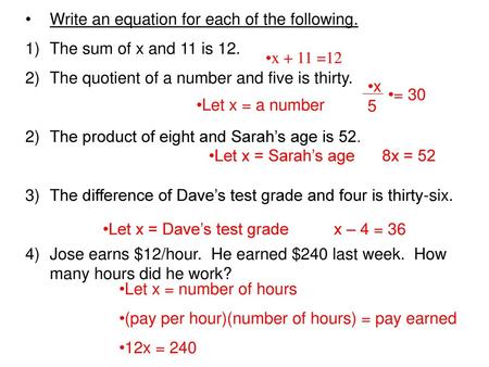 Write an equation for each of the following.