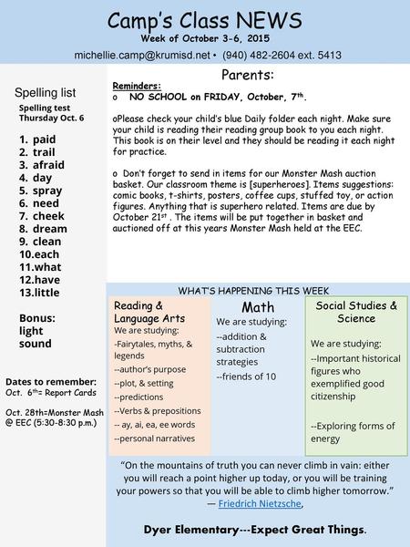 Camp’s Class NEWS Parents: Math Spelling list