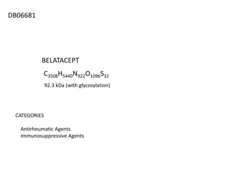 DB06681 BELATACEPT C3508H5440N922O1096S32 92.3 kDa (with glycosylation) CATEGORIES Antirheumatic Agents Immunosuppressive Agents.