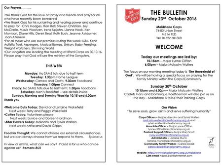 THE BULLETIN WELCOME Sunday 23rd October 2016