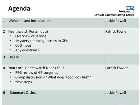 Agenda 1 Welcome and introduction Jackie Powell Healthwatch Portsmouth