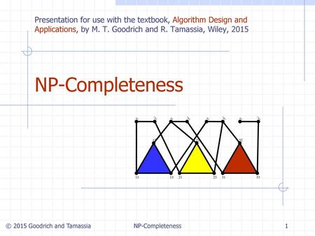 Graphs 4/13/2018 5:25 AM Presentation for use with the textbook, Algorithm Design and Applications, by M. T. Goodrich and R. Tamassia, Wiley, 2015 NP-Completeness.