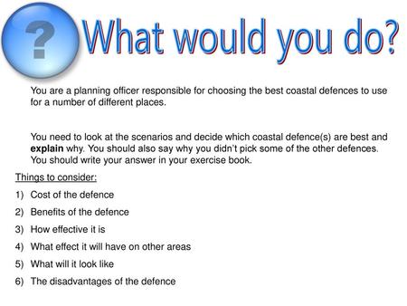 What would you do? You are a planning officer responsible for choosing the best coastal defences to use for a number of different places. You need to look.