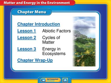 Lesson 1 Abiotic Factors Lesson 2 Cycles of Matter