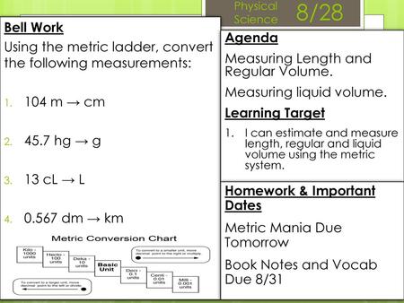 Physical  Science 8/28 Bell Work